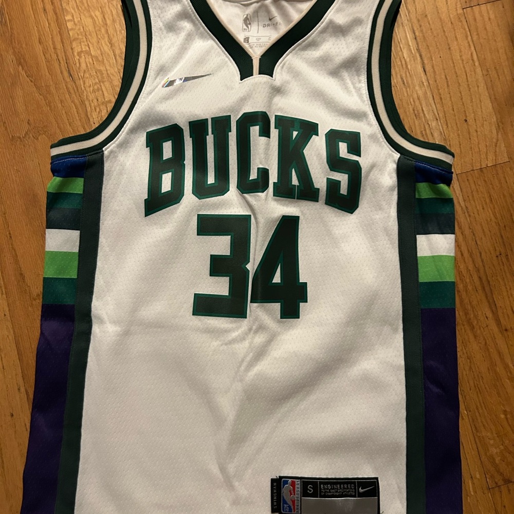 Nike Bucks White Jersey with Green and Purple Stripes
